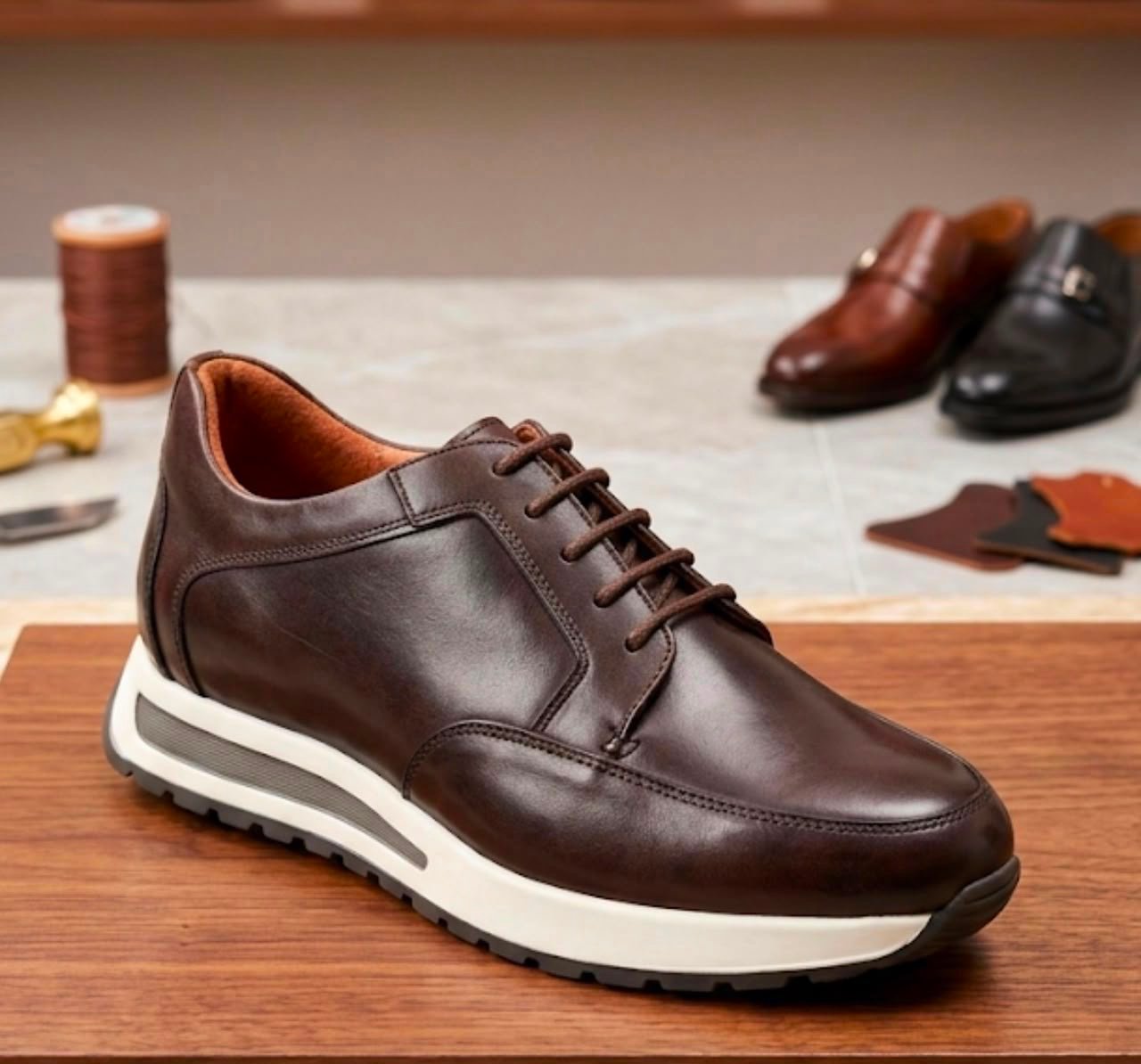 Affirmez votre style avec cette élégante chaussure marron pour homme. Son design raffiné, sa finition brillante et ses coutures soignées apportent une touche de classe à toutes vos tenues.